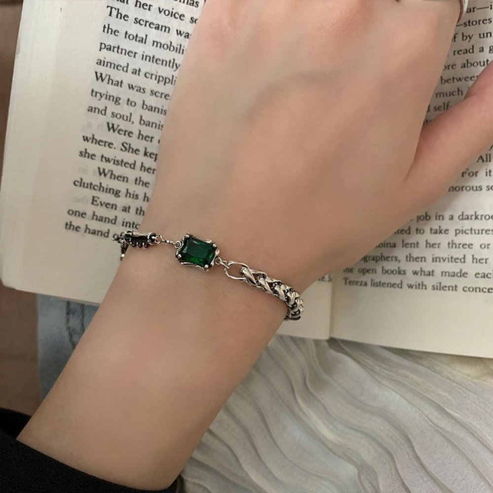NEW Silver Vintage Green Square Zircon Thick Thain Bracelet - Picture 7 of 7